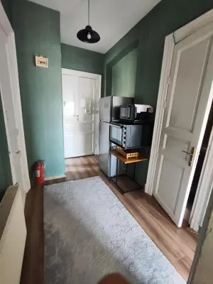 a living room with green walls and a microwave at Sweet Home in Istanbul