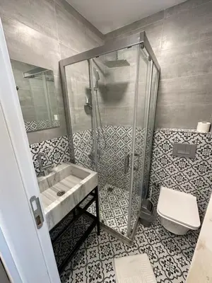 a bathroom with a shower and a sink and a toilet at Yellowhouse Room 6 in Istanbul