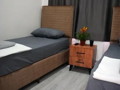 a bedroom with two beds and a night stand with a plant at Mimen Hostel in Istanbul