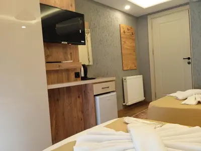 a small room with two beds and a tv at Yellow Bull Istanbul hotel in Istanbul