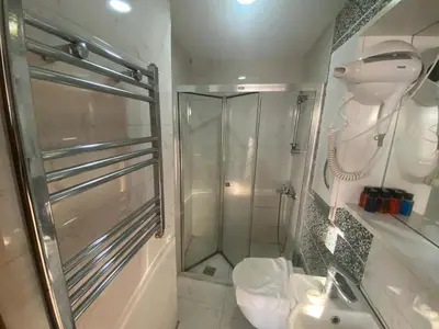 a bathroom with a shower and a toilet and a sink at The Red Tent Loft Suites in Istanbul