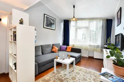 a living room with a couch and a table with a laptop at The Maiden Tower From Your Bedroom Romantic View, In Taksim Square in Istanbul