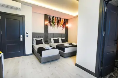 a bedroom with two beds and a couch and a door at Comfort Point Two Hotel in Istanbul
