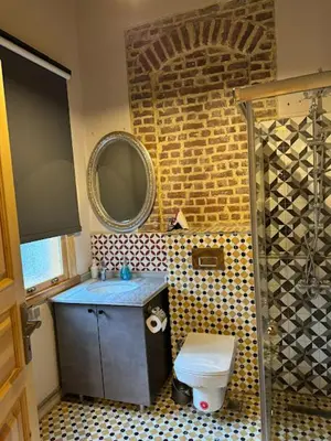 a bathroom with a sink and a toilet and a mirror at HanFlats in Istanbul