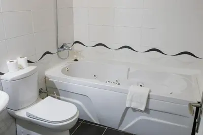 a white bathroom with a toilet and a bath tub at Green Moringa Termal Hotel in Termal