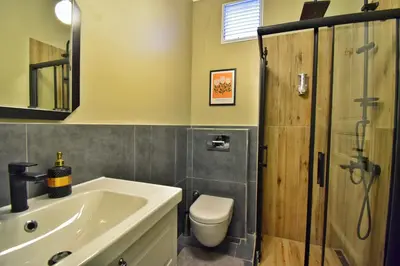 a bathroom with a sink and a toilet and a shower at Cozy Renovated 3BR near Taksim- Santur D10 in Istanbul