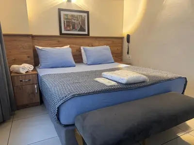 a bedroom with two beds with blue pillows at The balo pera hotel in Istanbul