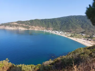 a view of a beach from a hill at Kadıoğlu Pansiyon in Ormanlı