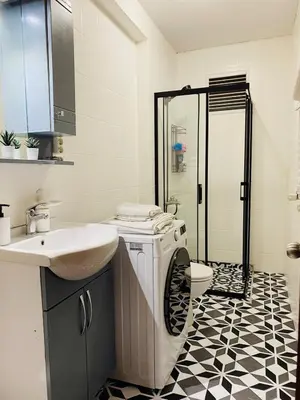 a bathroom with a washing machine and a sink at Stylish & Comfort Apartment in Ortaköy in Istanbul