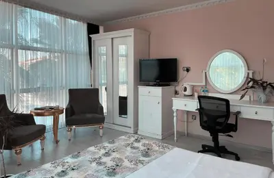 a bedroom with a desk and a tv and a chair at Ottoman Hotel Sakarya in Sakarya