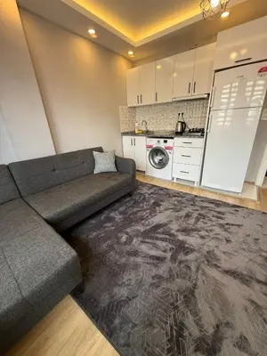 a living room with a couch and a kitchen at AYD Apart Elmadağ Taksim in Istanbul