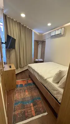 a bedroom with a bed and a tv and a rug at Albatros suite in Istanbul