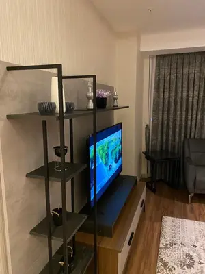 a living room with a television on a shelf at Low Price Luxury Apartment Perfect for An Amazing stay In ISTANBUL in Istanbul