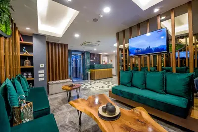 a living room with green furniture and a flat screen tv at Bizim Hotel in Istanbul