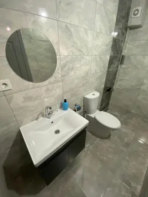 a bathroom with a sink and a toilet and a mirror at Pamir Butik Otel in Bursa