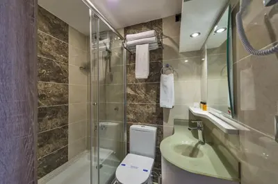 a bathroom with a toilet and a sink and a shower at Alphonse Hotel in Istanbul