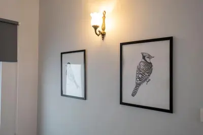 four framed pictures on a wall with a light at Spacious Dublex in Cihangir in Istanbul