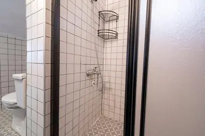 a bathroom with a shower with a toilet at Spacious Dublex in Cihangir in Istanbul