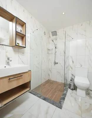 a bathroom with a shower and a toilet and a sink at Bisanthe Panorama in Kumbağ