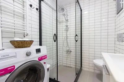 a washing machine in a bathroom with a shower at Fully Renovated 2BR Flat in Prime Location at Moda in Istanbul