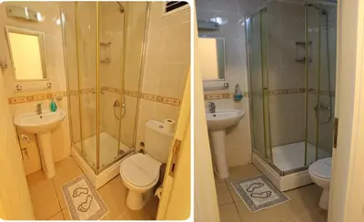 two pictures of a bathroom with a toilet and a shower at Hostelist in Istanbul