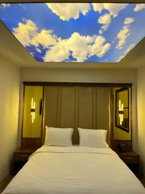a bedroom with a large bed with a sky ceiling at Lokka Hotel Ortakoy in Istanbul