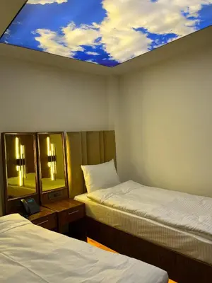 a room with two beds and a ceiling with a sky at Lokka Hotel Ortakoy in Istanbul