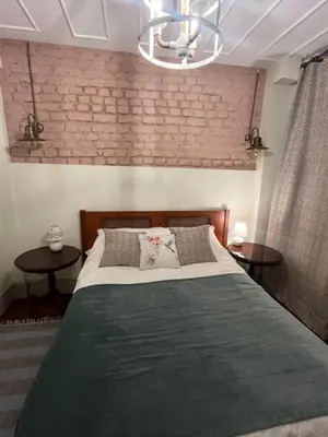 a bedroom with a large bed with a brick wall at Levant Pension de Luxe in Istanbul