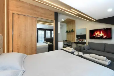a bedroom with a bed and a living room with a fireplace at Space Apartments in Istanbul