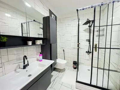 a bathroom with a shower and a sink and a toilet at Sisli Holiday 4412 in Istanbul