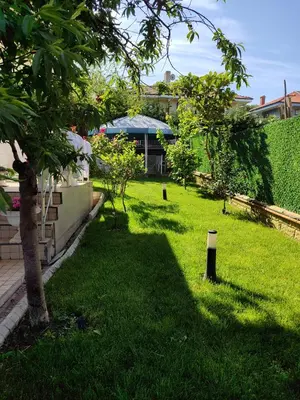 a green yard with a tree and a fence at Kilyos Serendipity in Sarıyer