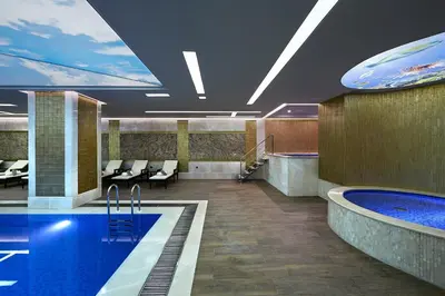 a hotel room with a swimming pool and a hot tub at Uranus Istanbul Topkapi in Istanbul