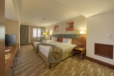 a hotel room with two beds and a television at Lamec Hotel Business in Gebze