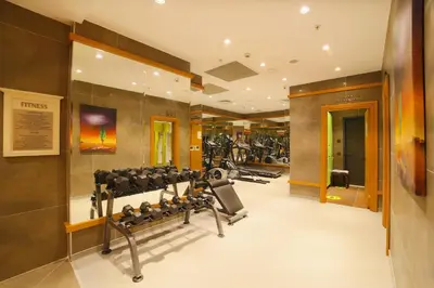 a gym with rows of exercise equipment in a room at Icon Hotel Taksim in Istanbul