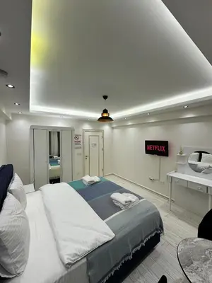 a bedroom with a large bed and a sink at Öz Suit in Istanbul