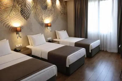 a hotel room with two beds and a window at Riva Hotel Taksim in Istanbul