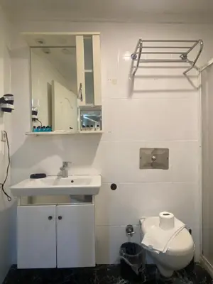 a bathroom with a sink and a toilet and a mirror at Nuray Hotel in Istanbul