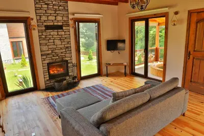 a living room with a couch and a fireplace at Lal Hayal Konakları in Sapanca