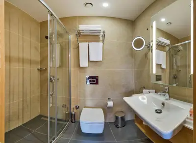 a bathroom with a shower and a sink and a toilet at Hotel Boursier 1 & Spa in Istanbul