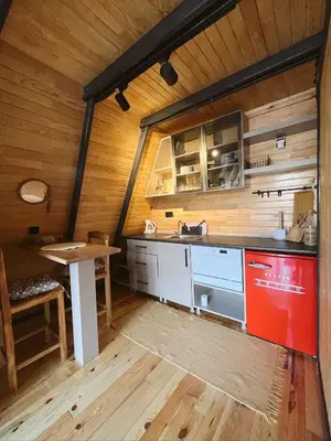 a kitchen with a sink and a table in a room at Wolf house in Sapanca