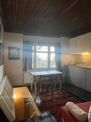 a kitchen with a table in the middle of a room at Roza's Istanbul Homestay in Istanbul