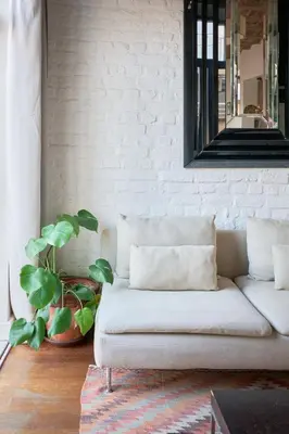 a white couch in a living room with a plant at Beautiful restored historical apartment in Galata in Istanbul