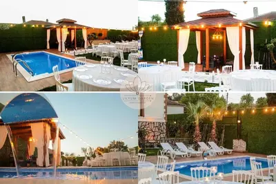 two pictures of a resort with a pool and tables and chairs at Lilyum garden house&organization in Söylemiş
