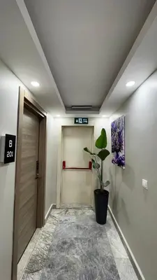 a hallway with a door and a potted plant at Lions Boutique Hotel in Altınova