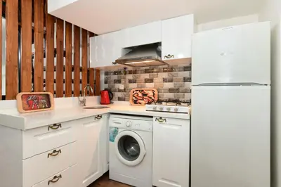 a kitchen with a refrigerator and a washing machine at Historical Wood Dublex Apt at Taksim&Galata in Istanbul