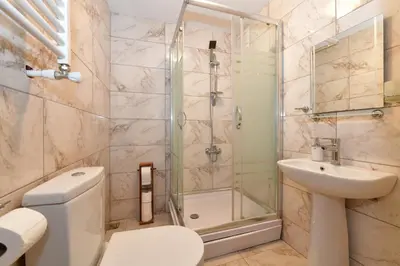 a bathroom with a shower and a toilet and a sink at Historical Wood Dublex Apt at Taksim&Galata in Istanbul
