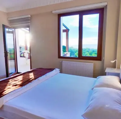 a bedroom with a large bed and two windows at Ada Villam in Sapanca