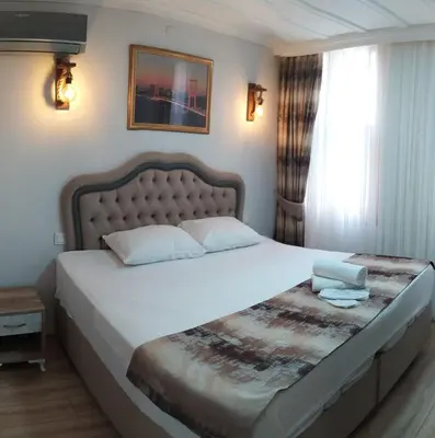 a bedroom with a large bed with a tufted headboard at Tree House Otel in Istanbul