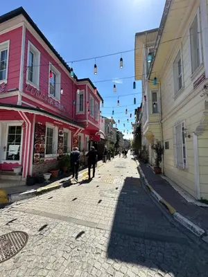 a cobblestone street in a town with colorful buildings at Tree House Otel in Istanbul