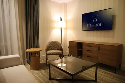 a hotel room with a couch and a chair and a table at Tress Hotel in Istanbul